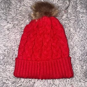 Red Cable Knit Pom Pom Beanie
